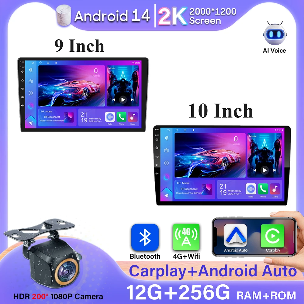 

Android 14 universal 9/10 inch Car stereo CarPlay car radio Android Auto GPS multimedia player 2 DIN WiFi player QLED Screen BT