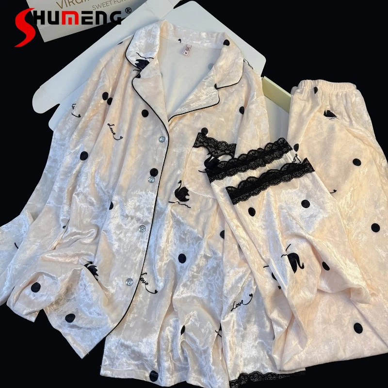 

Autumn Winter Velvet Pajamas for Women Long Sleeve Warm High End Loungewear Suits Female Japanese Black Lace Homewear Set