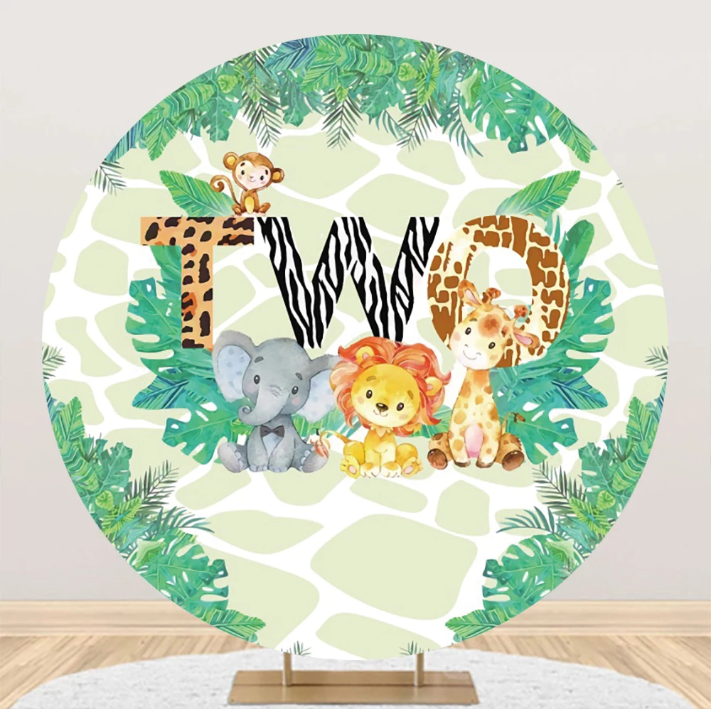 Happy 2nd Birthday Backdrop Round Cover for Baby Girl Boy Party Mermaid Jungle Animals Decorations Circle Photo Background Cloth