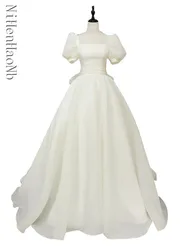 Korea Style Square Neck A-Line Puffy Sleeves Lace-Up Wedding Dress Gown Bridal Dress