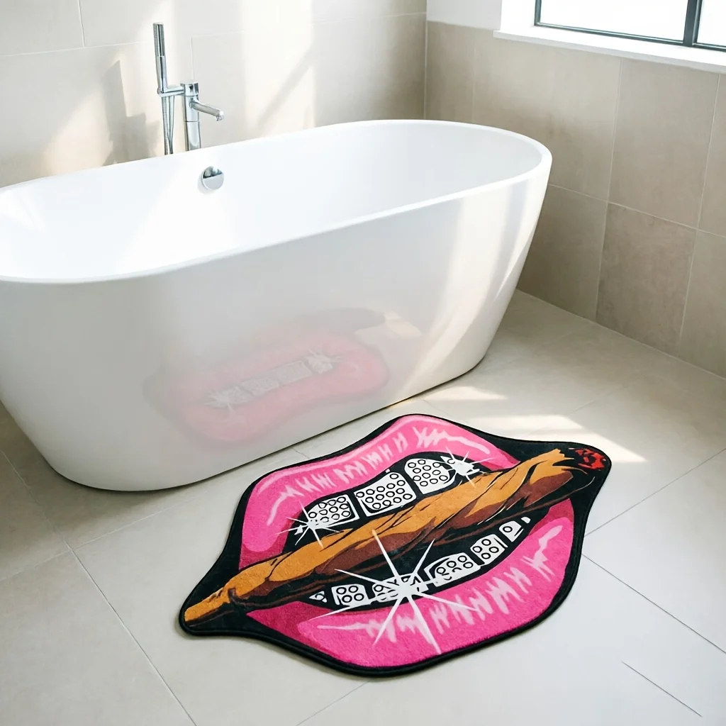 Hip Hop Style Lips Shape Rug Trendy Pop Art Mouth Graphic Non‑Slip Soft Floor Mat for Living Room Bedroom Indoor Home Decor