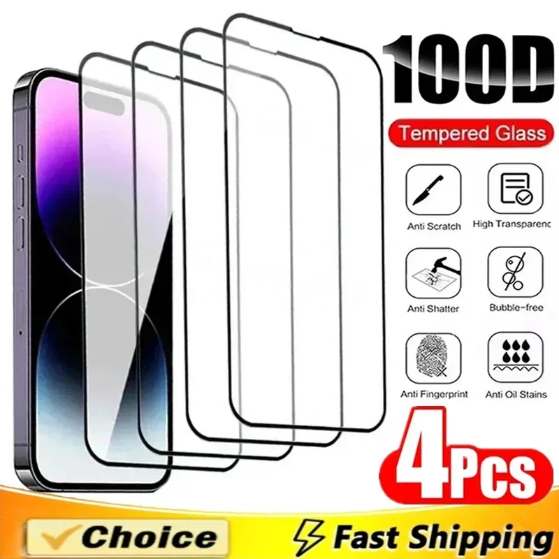 4Pcs Full Cover Tempered Glass for IPhone 15 11 12 13 14 16 Pro Max 7 8 Plus Screen Protector for IPhone 13 Mini XR X XS Glass