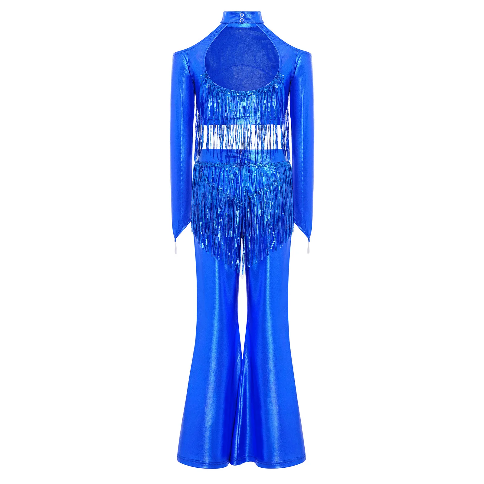 Girls 70s Disco Movie Character Princess Cosplay Costume Jazz Dance Clothes Tassels Sequins Metallic Crop Top Bell-bottom Pants