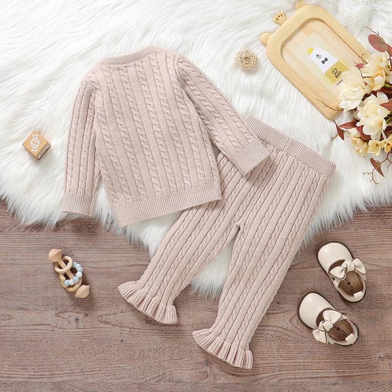 Baby Clothes Sets Knitted Kid Pullover+Trousers 2PC Infant Gril Boy Sweater Long Sleeve Tops +Pants Fashion Ruffles Warm Autumn