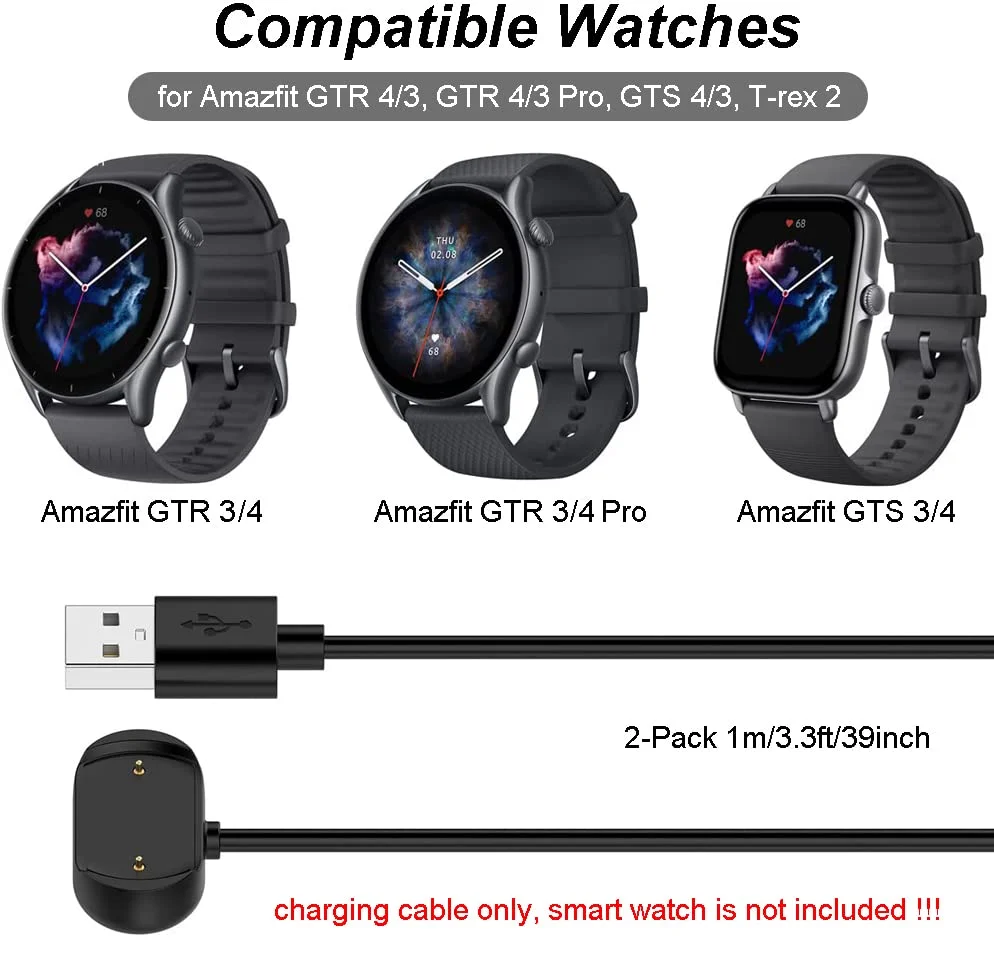 2 Pack for Amazfit GTR 4/GTR 3/GTS 4/GTS 3/T-Rex 2 USB Smart Watch Charger Replacement Charger Cable