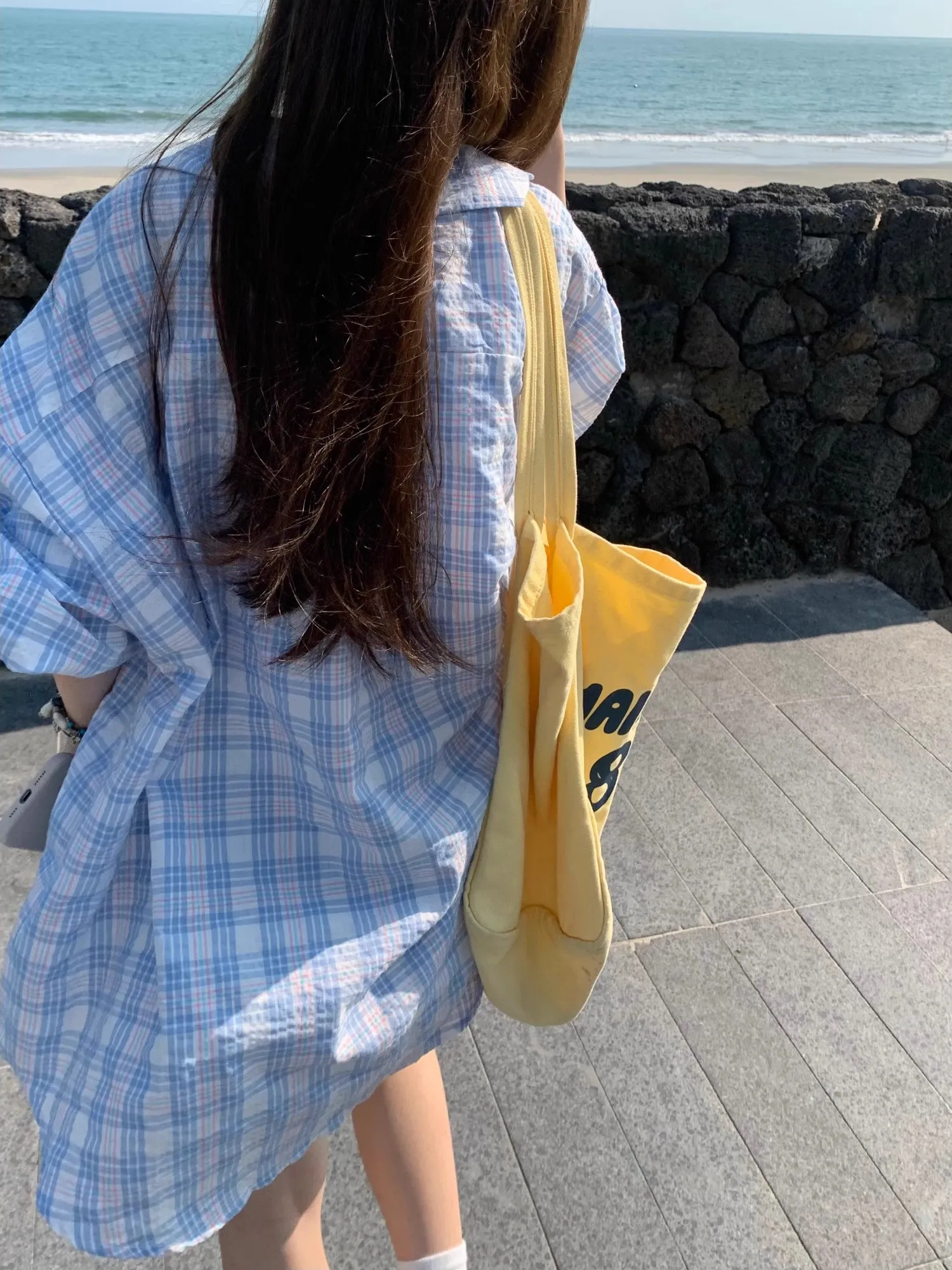 Blue Plaid Shirt Women's Casual Summer Vacation Lazy Style Sun Protection Outerwear Open Cardigan Long Sleeve Loose Fit Shirt