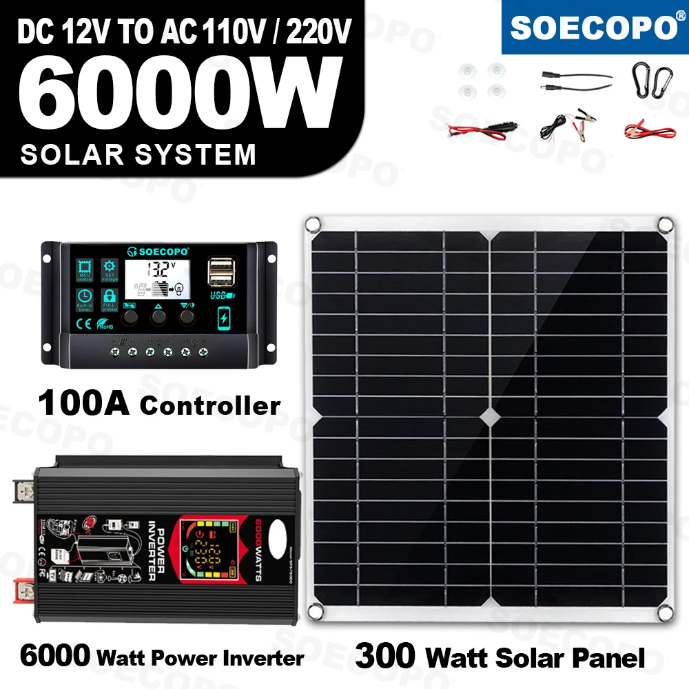 SOECOPO 6000W Home RV Camping Backup Solar System Set DC12V to AC110V 220V 100A MPPT Controller 300W Panel Inverter CE FCC