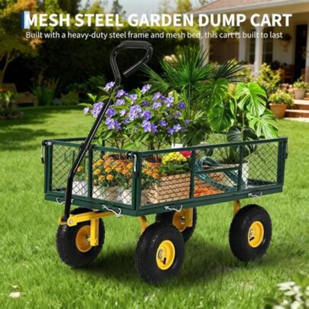 900 Lbs Heavy Duty Steel Garden Utility Wagon Cart, Removable Mesh Side Panels, 180 Degree Rotating Handle, All Terrain Wheels, Folding Towing Yard Cart for Mulch, Soil, Firewood, Plants, Tools, Landscaping, Gardening, Farm Ranch