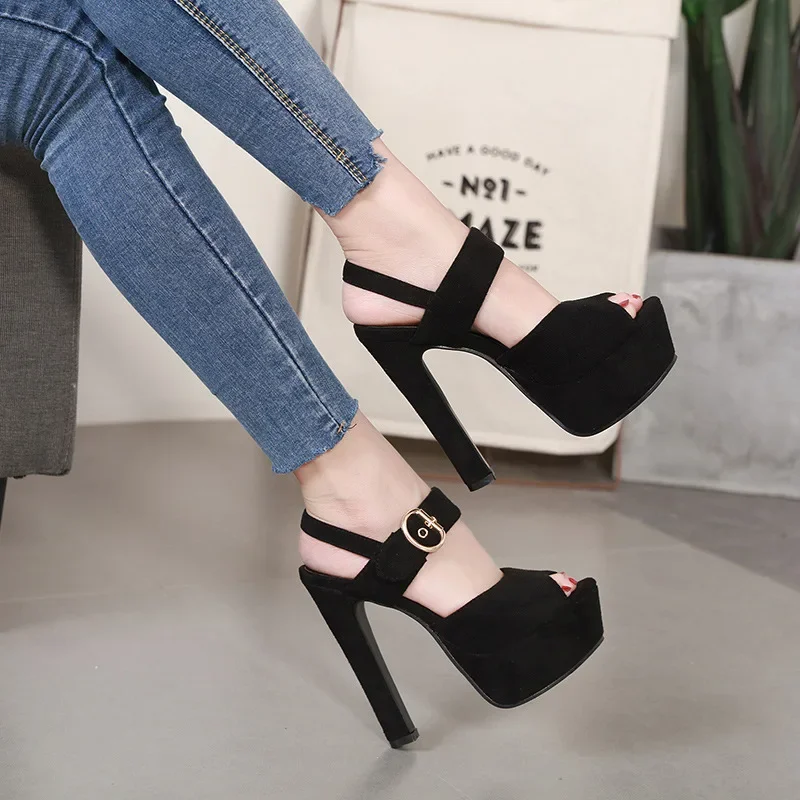 Fashion Women Ankle Strap Sandals Casual Flock Buckle Strap Thin Heels 13CM Open Toed High Heels Women Sandals Discount Pumps