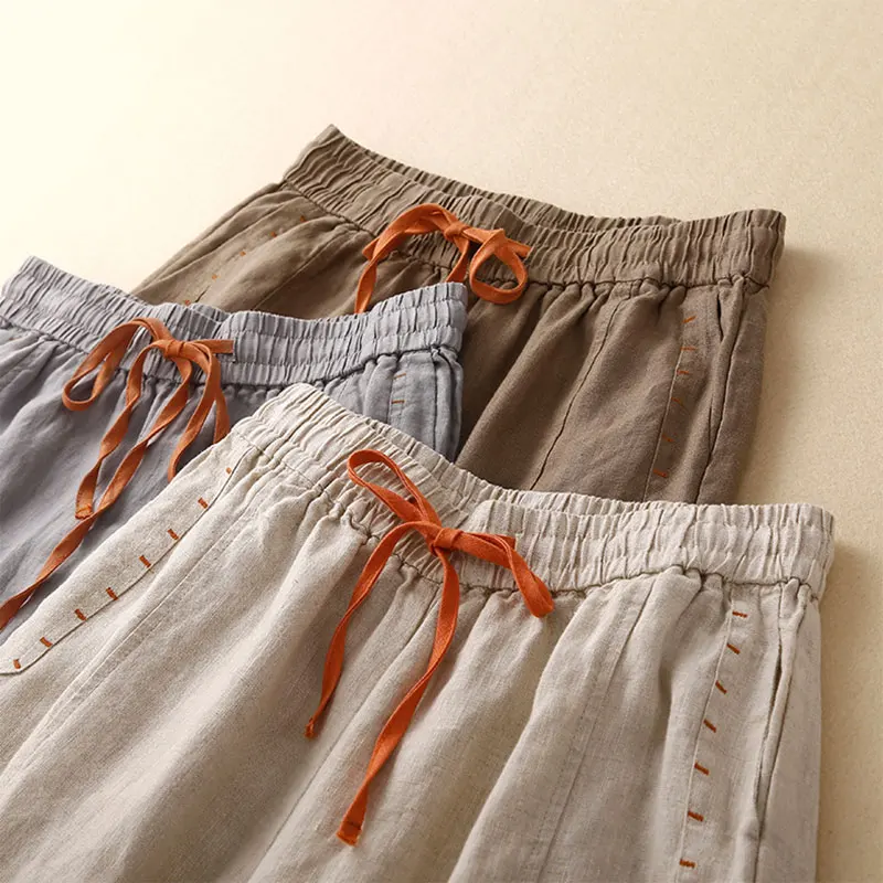 코튼 리넨 캐주얼 신축성 하이 웨이스트 루즈 와이드 레그 팬츠, 발목 길이 팬츠, 여성 의류, 2024 패션, 베이지