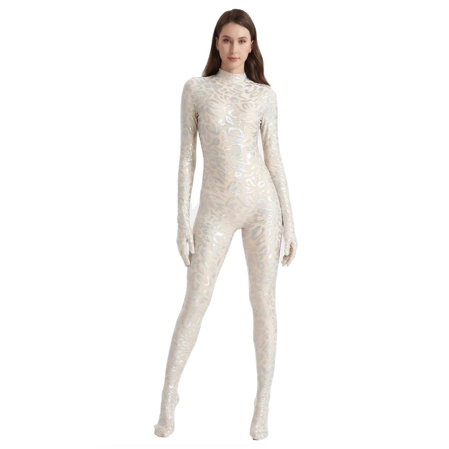 Damen Glänzender Metallic Leoparden-Schlangenhaut Zentai Bodysuit Hochelastisches Lycra Sexy Cosplay Kostüm Yoga Bademode
