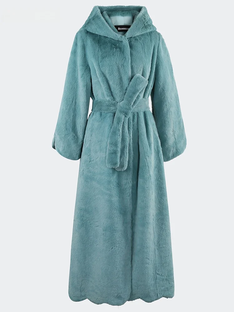 Eco-Friendly Rabbit Fur Coat Women's Extra Long A-Line Hooded Fan   Nerazzurri Faux Fur Jacket Korean Style Commute
