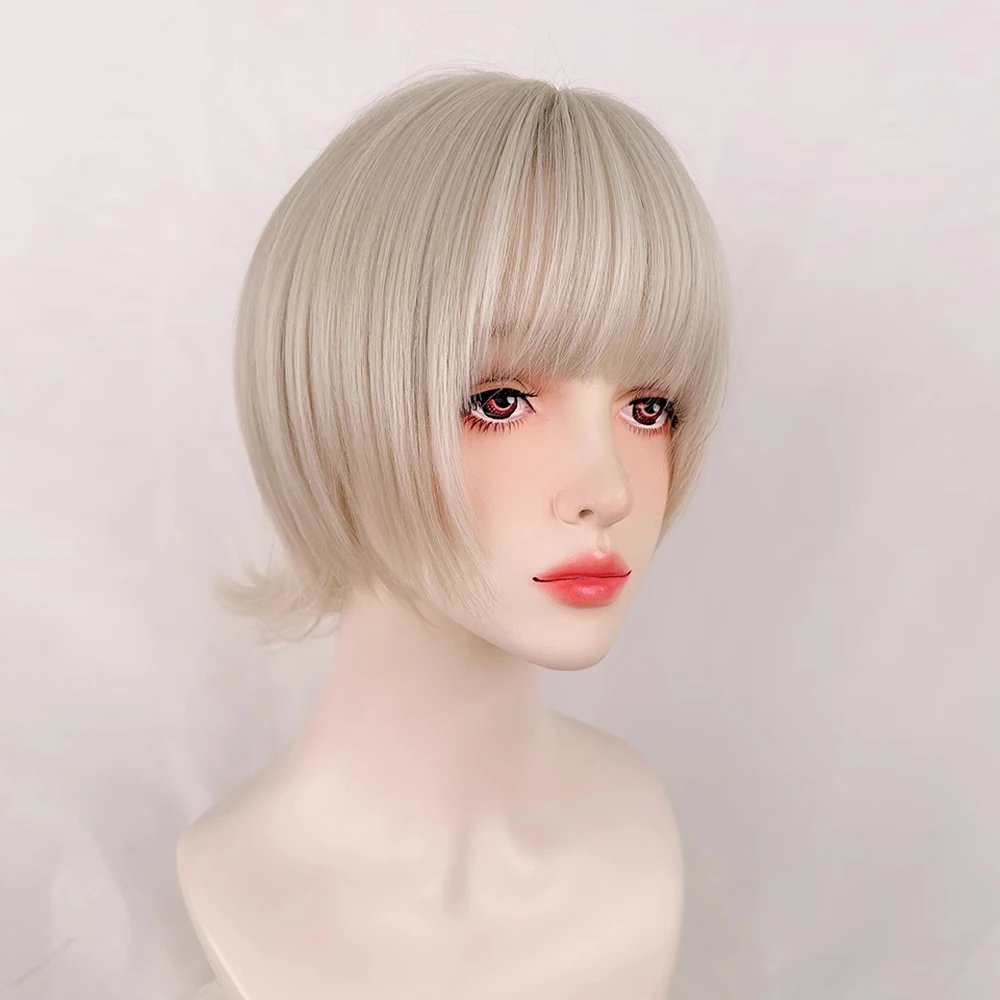 앞머리가 있는 짧은 금발 스트레이트 합성 가발, 푹신한 로리타 코스프레 가발, 데일리 파티용 내열성