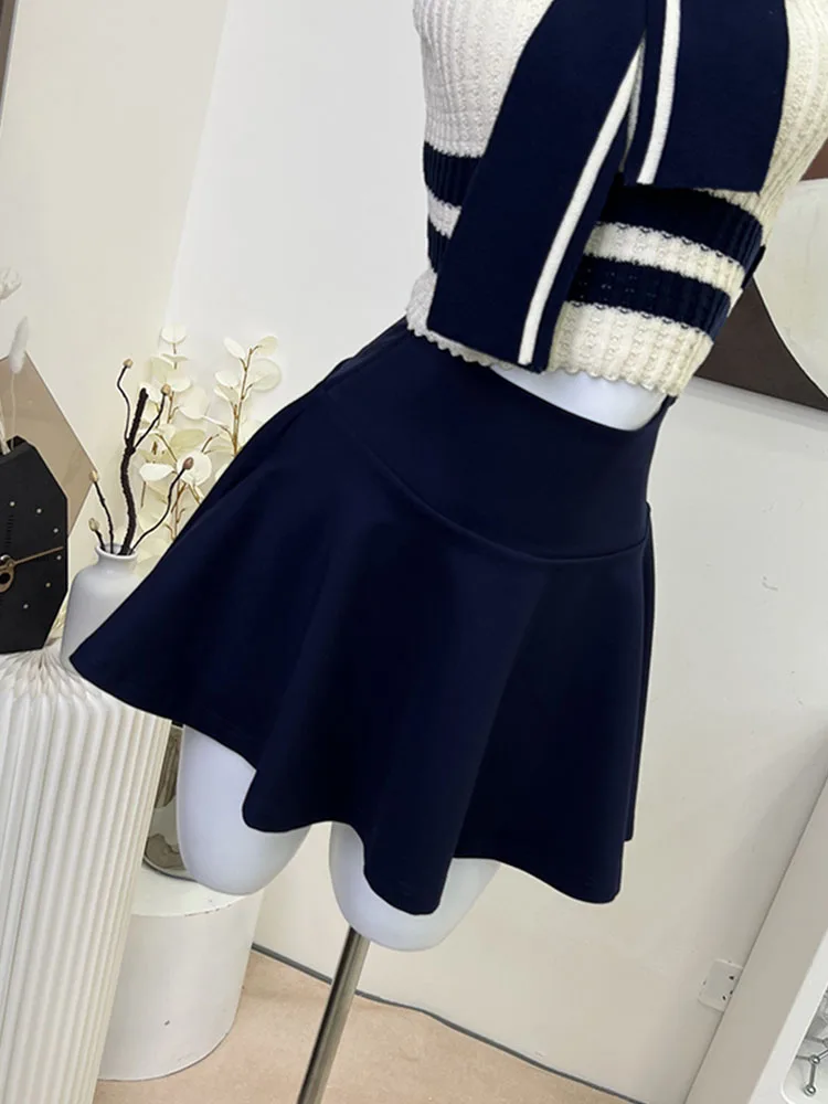 High Street Fashion 2 Piece Skirt Set Gyaru Sailor Collar Striped Shirts Sleeveless Cozy + Navy High Waist A-Line Skirt Elegant