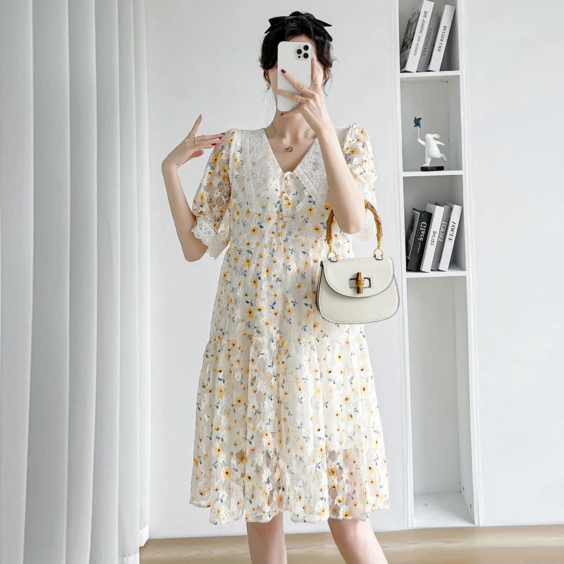 8507# 2023 Summer Fashion Floral Lace Maternity Dress Sweet Lovely A Line Loose Clothes for Pregnant Women Pregnancy Postpartum