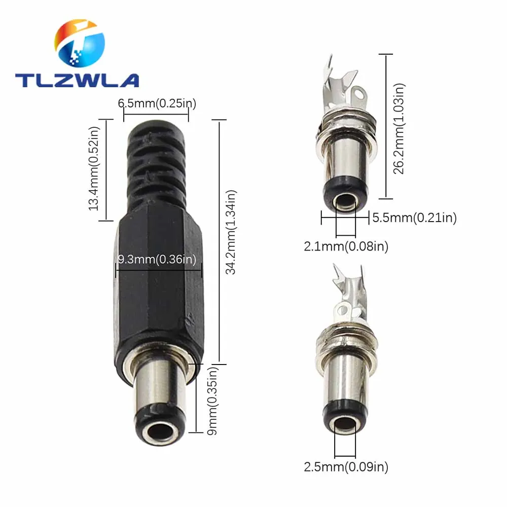 10PCS 24V 12V 3A Plastic Male Plugs + Female Socket Panel Mount Jack 5.5x2.1mm DC Power Connector Electrical Supplies 5.5*2.5