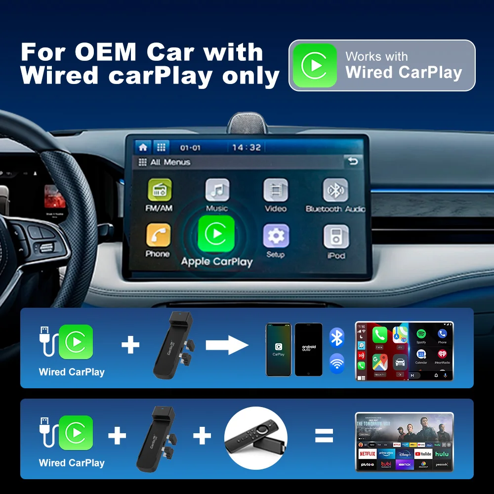 New CarlinKit FireDrive Link Pro 3-in-1 Wireless CarPlay Android Auto HDMI Adapter for Amazon Fire TV Stick Video Streaming Box