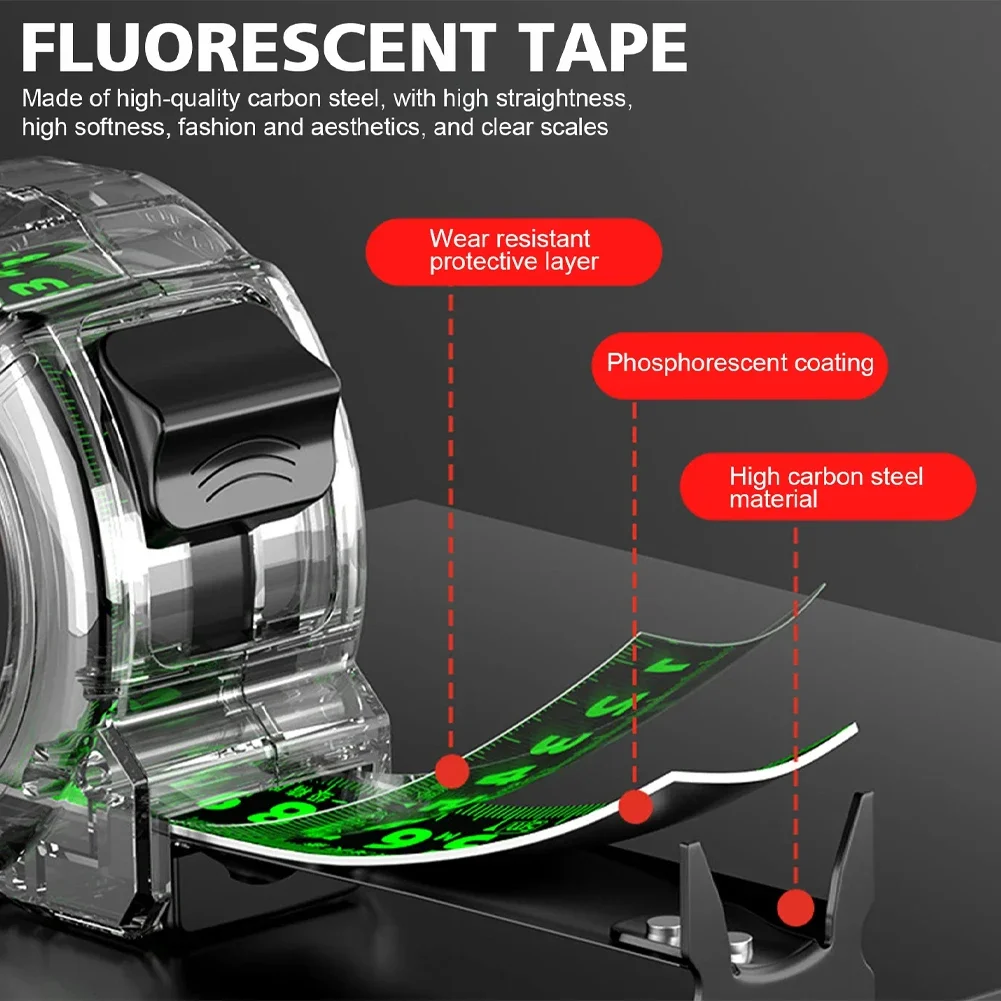 10M Black Fluorescent Tape Measure High Precision Steel Metric Tape Retractable Ruler Wear-resistant and Drop-proof Tape Measure