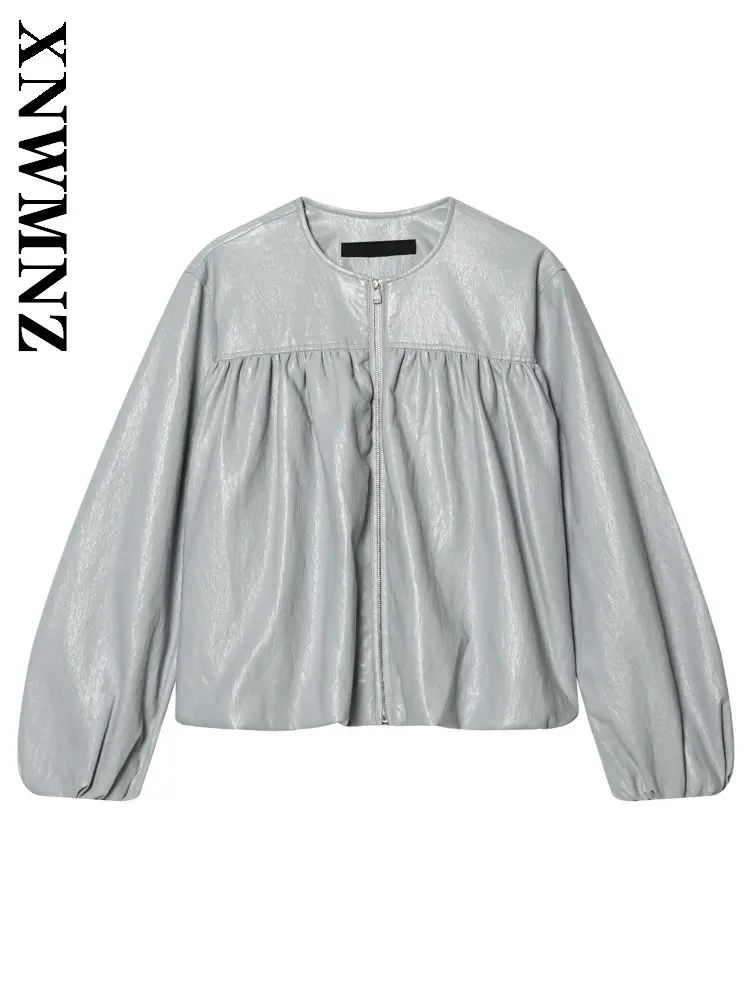 XNWMNZ 2026 Summer Woman's Fashion Chic Long Sleeve O-Collar Imitation Leather Outerwear Vintage Holiday Lady Bohemian Jacket