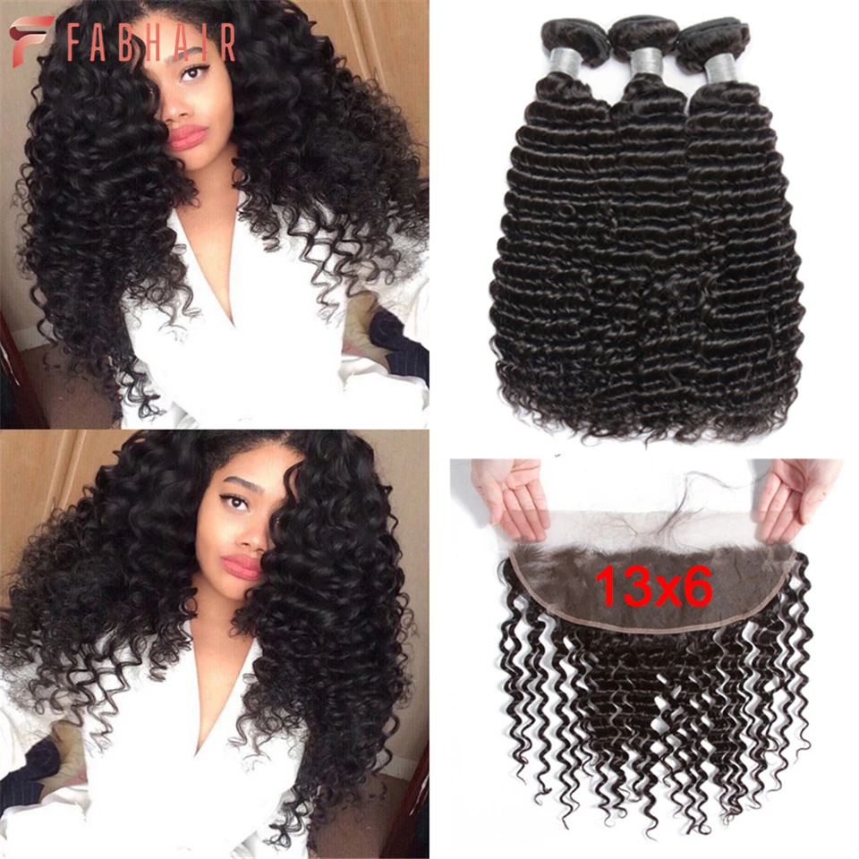 

FABHAIR Deep Wave 3 Bundles With Frontal 13x6 Free Part Ear to Ear Lace Frontal Brazilian Remy Curly Human Hair Natural Color