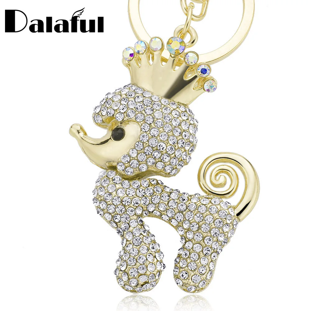 Dalaful Exquisite Crown Poodle Dog Crystal Key Ring Chains Holder Bag Buckle Pendant For Car Keyrings KeyChains K308