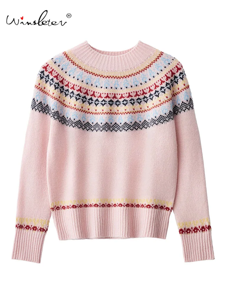 

Winsleter-100%Sheep Wool Elegant Sweater, O Neck Geometry, Women French Retro Soft Fair Isle Knit Sweater, 2025 Winter T5D541CC
