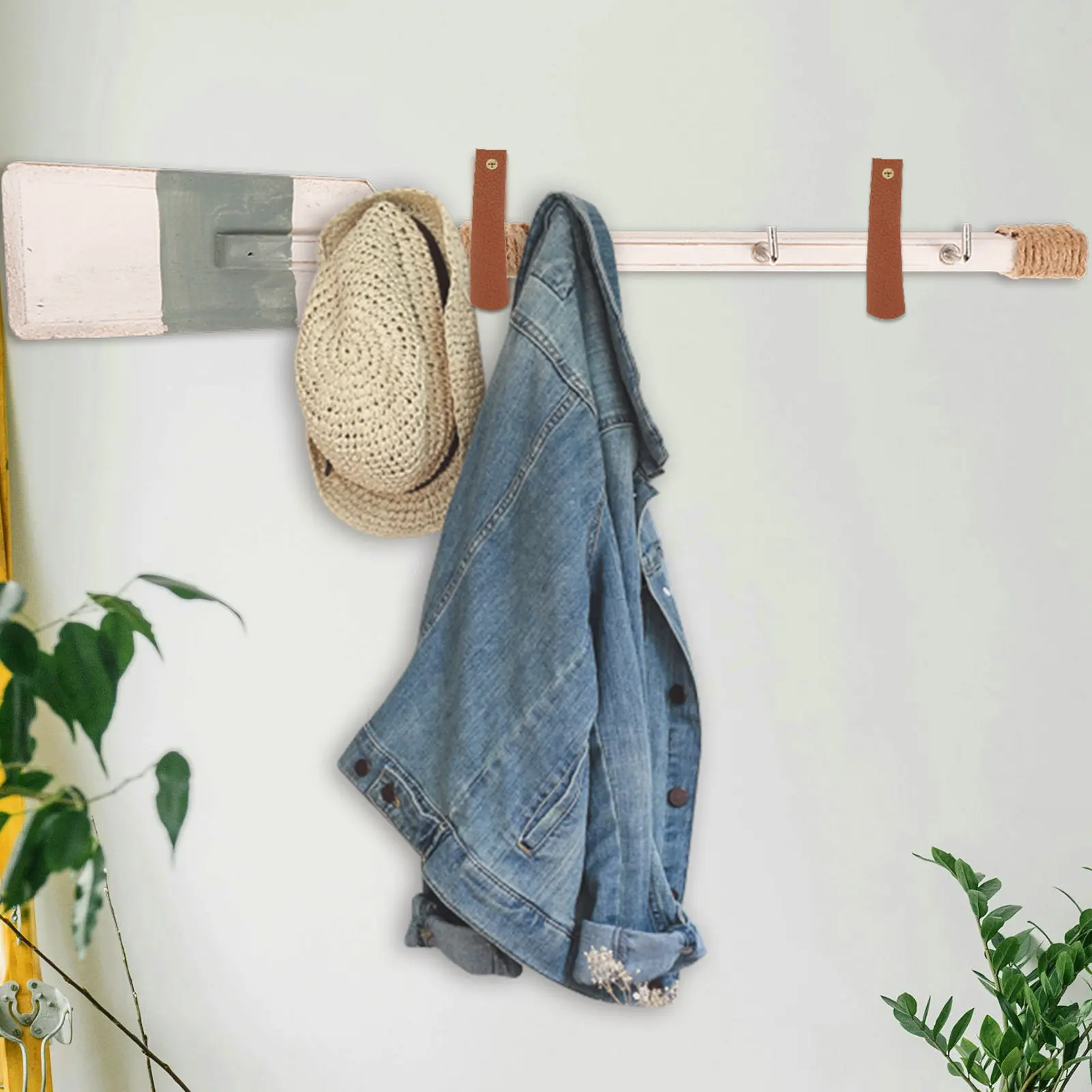 4Pcs Brown Wall Hook Set Space Saving Strap Hanger for Curtains Towels Clothes Boho Style Bathroom Kitchen Bedroom view 5