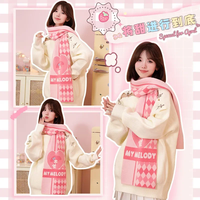 Sanrio Cinnamoroll Knitted Scarf Cartoon Cute Diamond Scarf Fashion Windproof Thickened Warm Winter Women\'s Shawls Scarves Gift