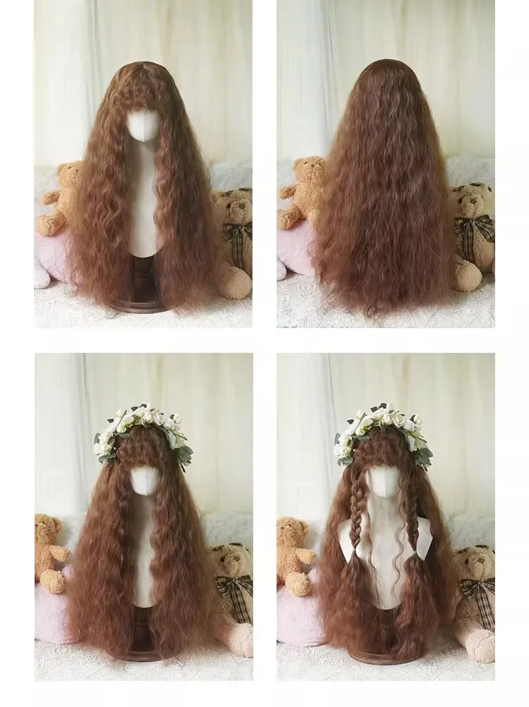 80cm Mori Girl Długa falista brązowa peruka z grzywką Syntetyczna Lolita Cosplay Puszysta naturalna żaroodporna peruka do włosów na codzienną imprezę