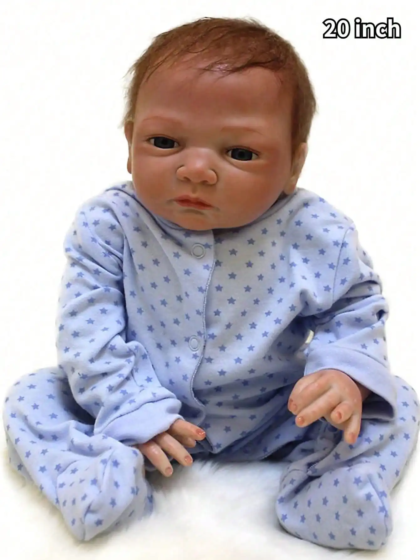Boneca reborn bebê feita à mão de 20 polegadas: recém-nascido de vinil macio com corpo de pano, cabelo enraizado, vestido de ponto azul – brinquedo de presente perfeito