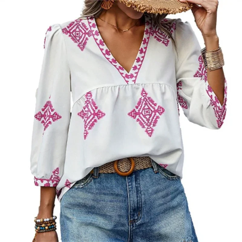 Elegant Geometry Print V Neck Pullover Shirt Women 2024 Summer Seven-quarter Sleeves Blouse Daily Comfortable Casual Female Tops