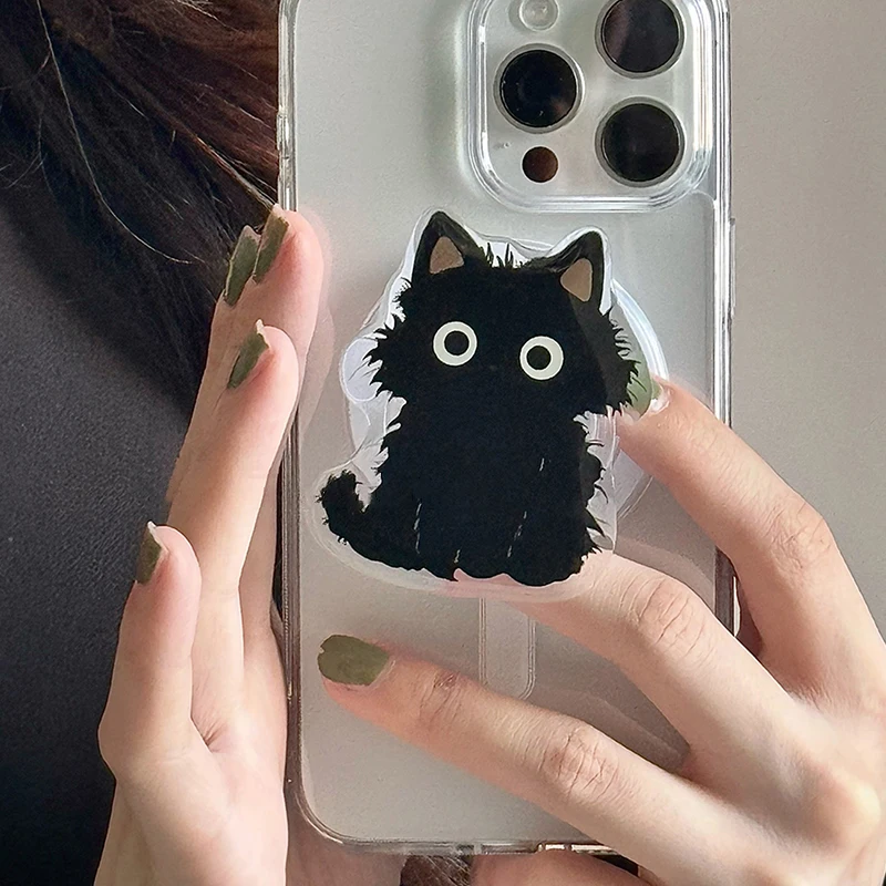 Korean Cute Black Cat For Magsafe Magnetic Phone Griptok Grip Tok Stand For iPhone Foldable Wireless Charging Case Holder Ring