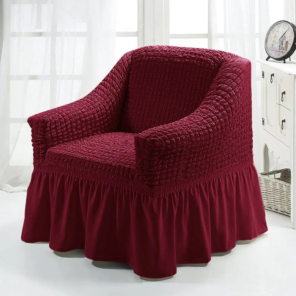 

High Elastic Seersucker Grid Sofa Cover 1/2/3/4 Seater Dirt-resistant Sofa Protecter Universal with Skirt Hem Sofa Slipcover