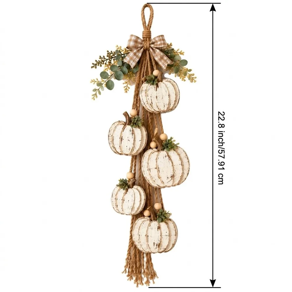 22.8 Inch Vertical Pumpkin Hanging Wall Decor With Rope Loop And Layered Foliage For Seasonal Door Entryway Porch Decoration