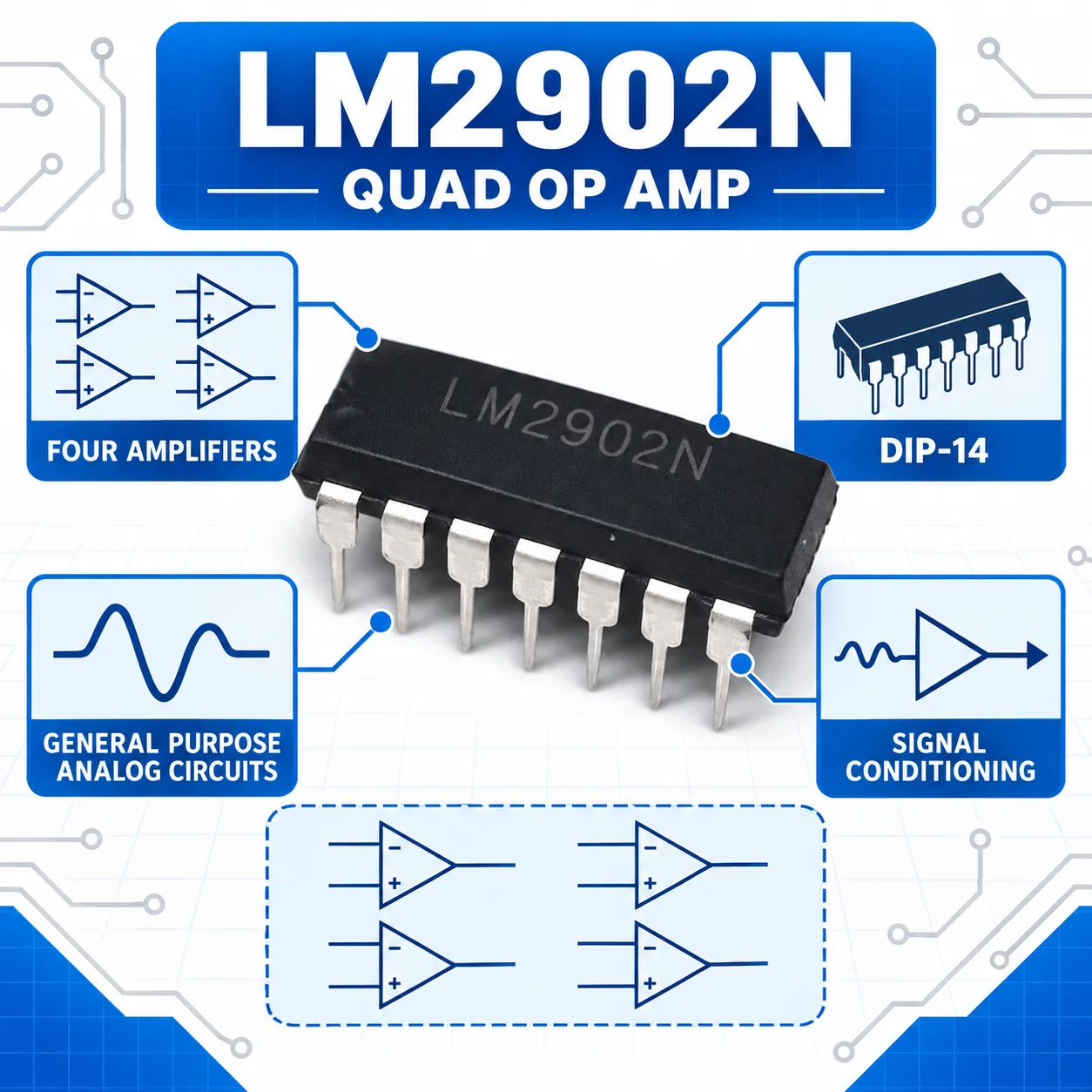 LM2902N DIP-14 Quad Operational Amplifier IC 4 Channel Low Power Through Hole Electronic Component