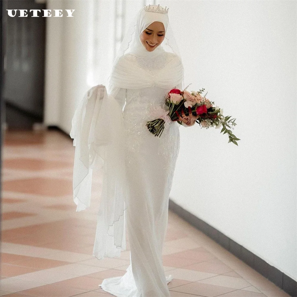 

UETEEY Muslim High Neck Long Sleeves Appliques Pleat Crepe Mermaid Wedding Dress Zipper Back Court Train Bridal Gown Custom Made