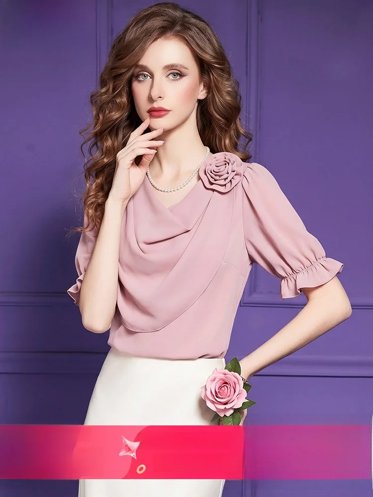 

Unique Design Floral Shirt Women's Short Sleeve Summer Slimming Top Fashionable Casual Style Polyester Fiber Regular Length