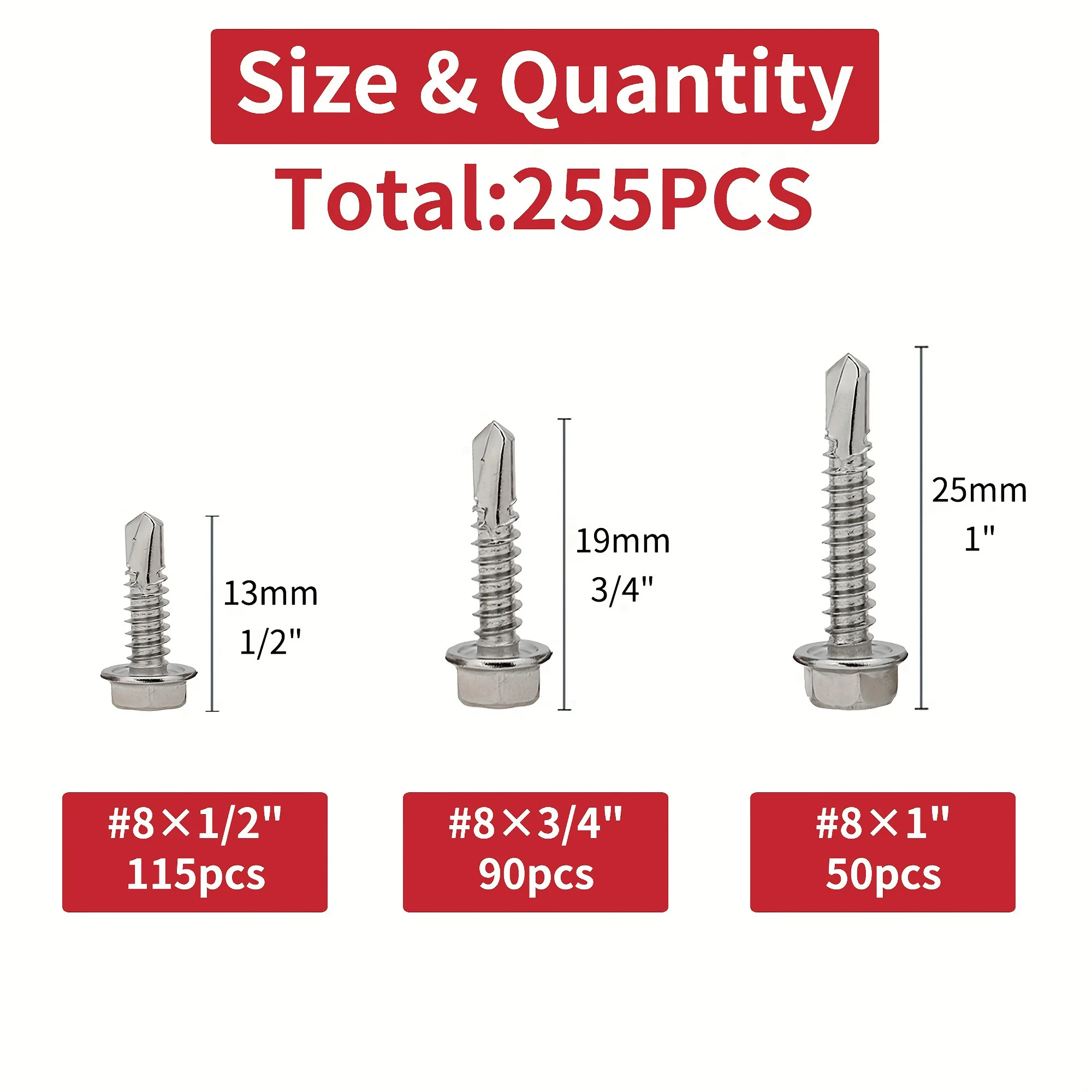 255Pcs 410 Stainless Steel Hex Socket Self-Tapping Screws Assortment Kit, Flat Head Wood Sheet Metal Screws