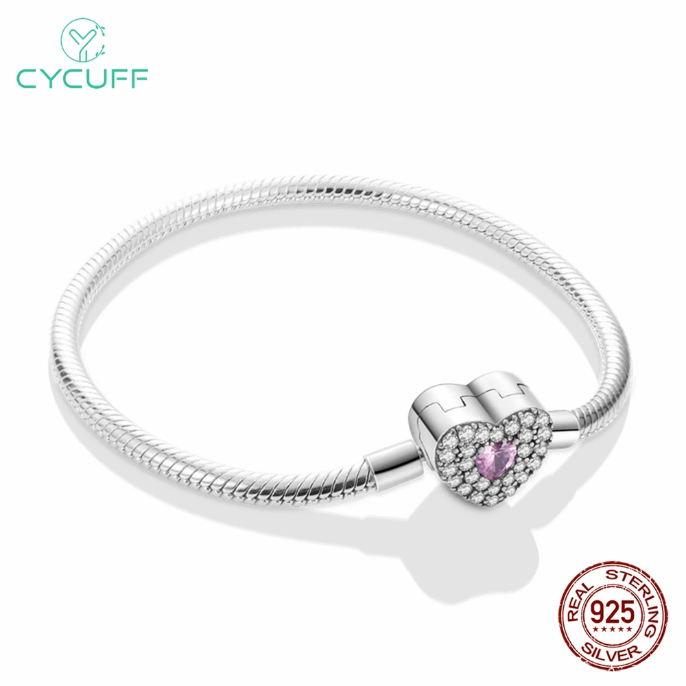

CYCUFF Bracelet 925 Sterling Silver Original 17-20CM Heart Seashell Farama Hand Zircon Bracelets Fit DIY Charms Jewelry Gifts