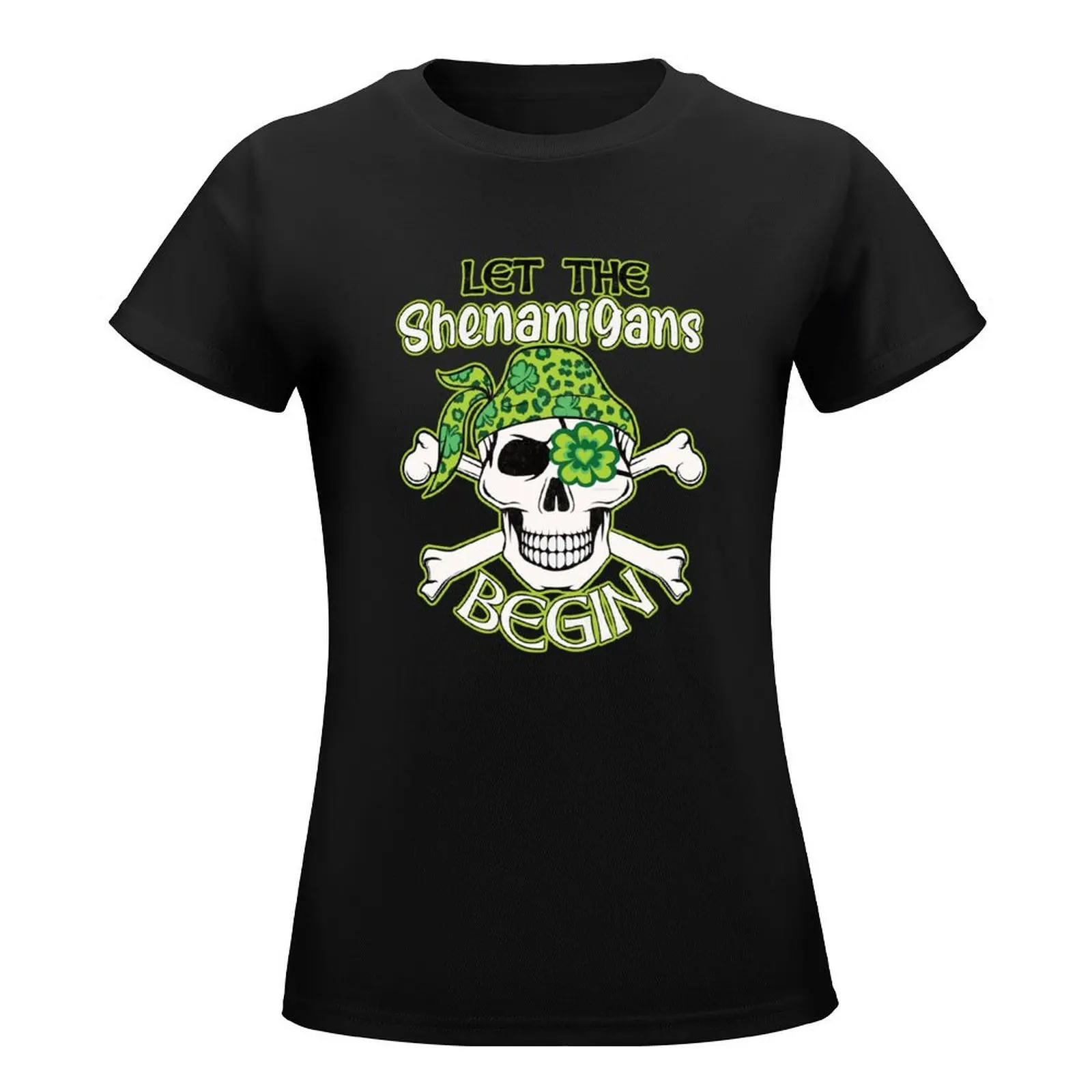 Let the Shenanigans Begin Grinning Skull and Crossbones with Shamrock eyepatch T-Shirt oversized anime Womens graphic t shirts