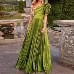 Elegant Special Occasion Dresses Green Satin Ruffles Pleat Ruched A-line One-shoulder Long Dresses Bespoke Occasion Gown