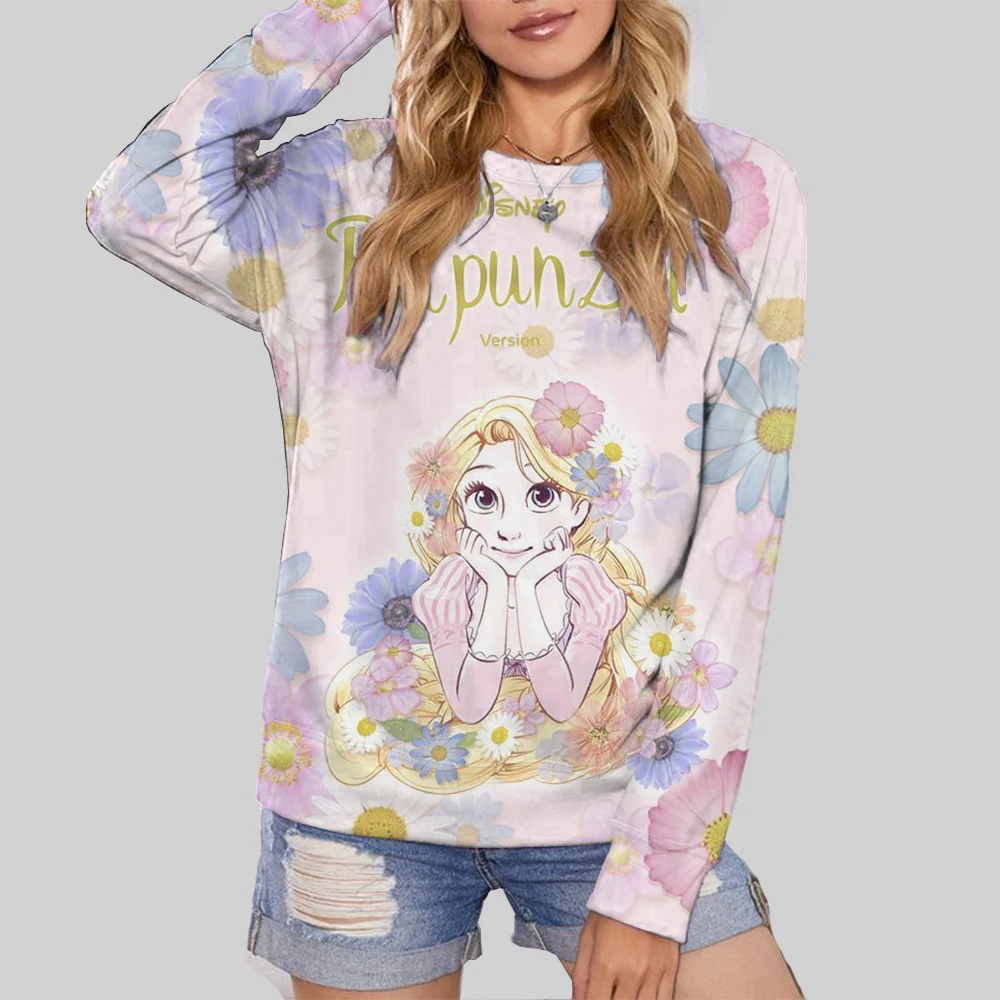 

New Disney Princess Cartoon Print Hooded Sweatshirt Women Personality Sweatshirts Long Sleeve Fashion Pullover