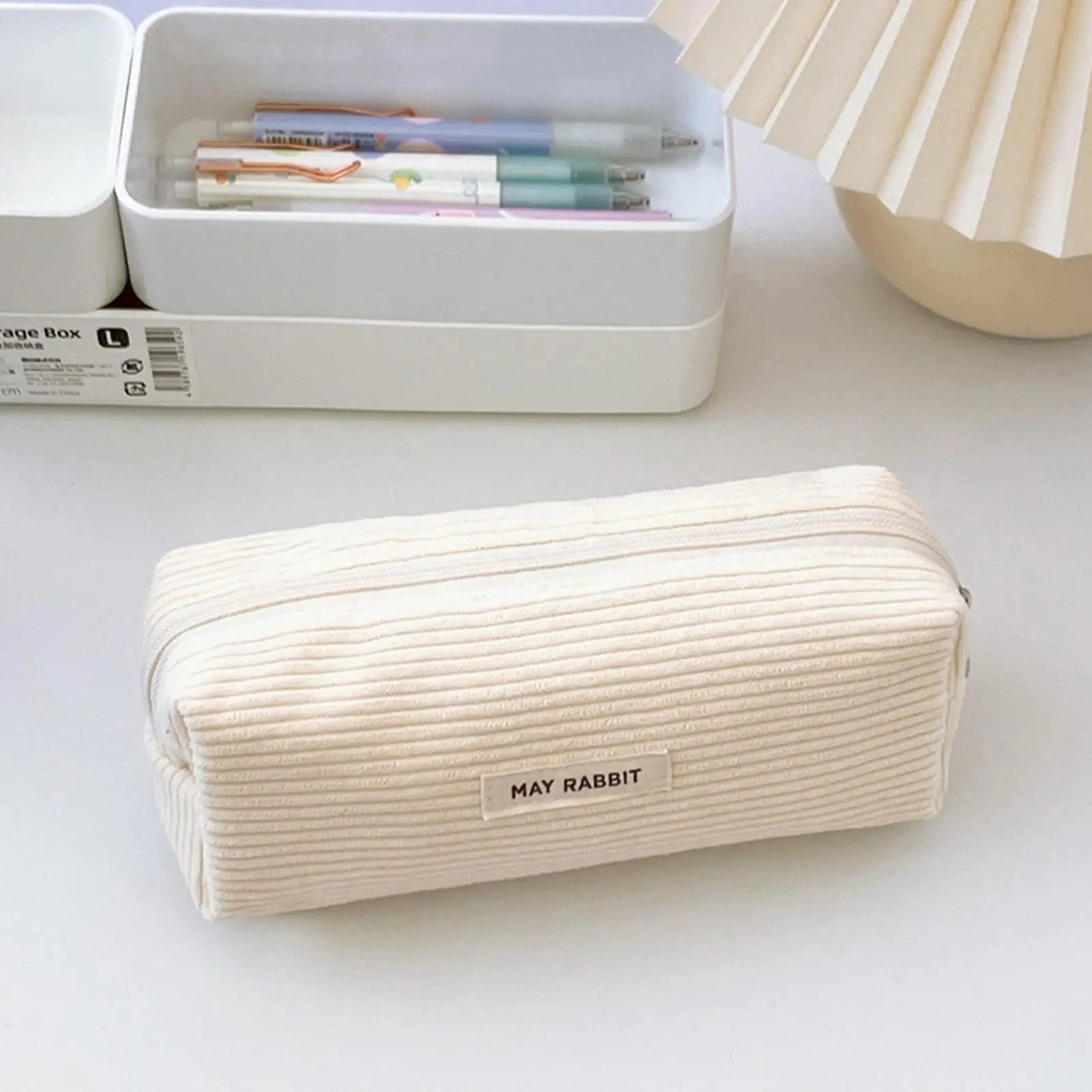 Cream Pencil Bag Zipper Makeup Brush Holder Corduroy Pencil Case Pouch Box Organizer Gift For School Student Teen Adults Travel