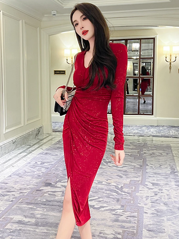 봄 가을 여성 이브닝 드레스 반짝이는 스팽글 시크 섹시 브이넥 주름 바디콘 미디 파티 클럽 프로모션 드레스 신축성 있는 여성 의류