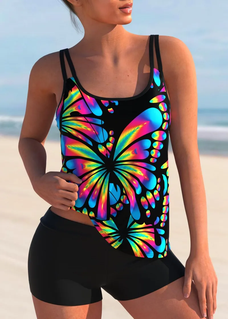 Costume da bagno da donna con stampa tropicale a due pezzi, costume da bagno per le vacanze estive, top tankini con stampa da donna, costumi da bagno estivi da spiaggia