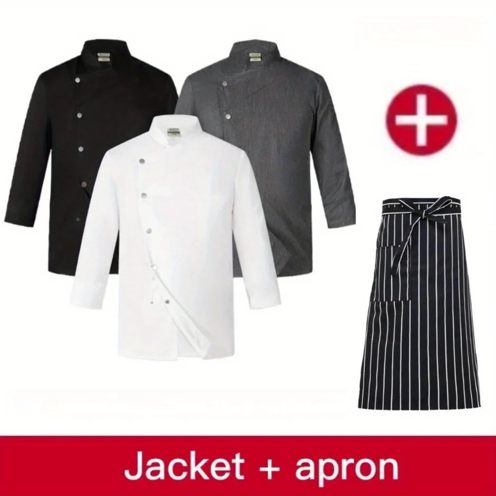 ชุดเชฟ 2 ชิ้น เสื้อยืดและผ้ากันเปื้อน ชุดทำงานสำหรับเชฟ แม่ครัว พนักงานเสิร์ฟ ร้านอาหาร โรงแรม เสื้อผ้าผู้หญิง เสื้อเชฟสีขาว