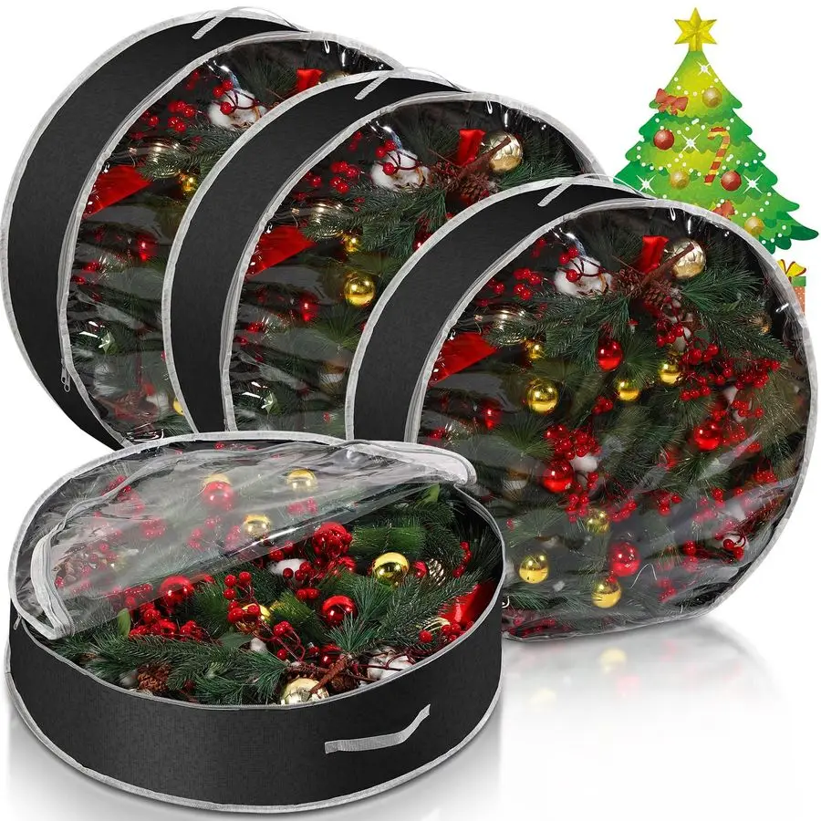 

4 Pack Wreath Storage Containers, Christmas Ornament Garland Wreath Storage Bags with Handle Zipper Decorative Storages Box for