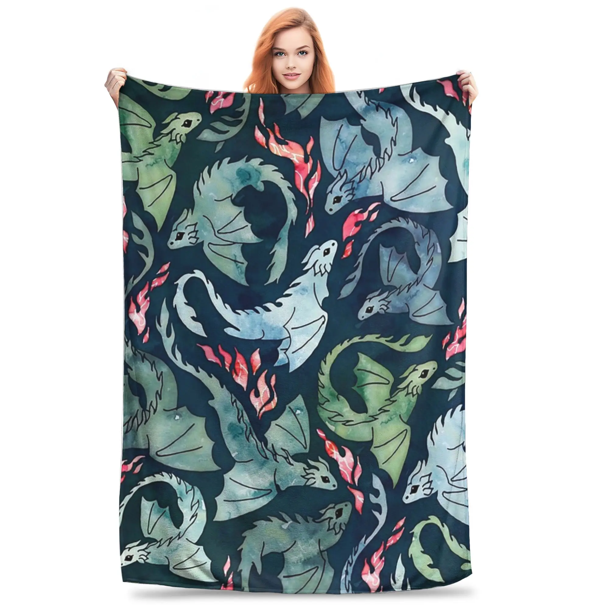 Dragon Fire Dark Blue And Green Blanket Soft Warm Flannel Throw Blanket Plush for Bed Living room Picnic Travel Home Couch