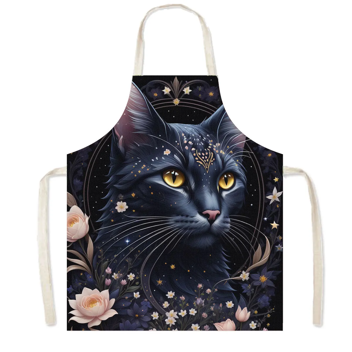 Mysterious Black Cat Print Kitchen Aprons Fantasy Pattern Children Bib Women Men Home Cleaning Clothing Tools Linen Pinafore