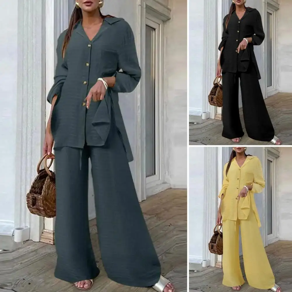 Wide-leg Pants Suit Elegant Women's Shirt Pants Set with Turn-down Collar Long Sleeve Top Wide Leg Pants Stylish Commute for A